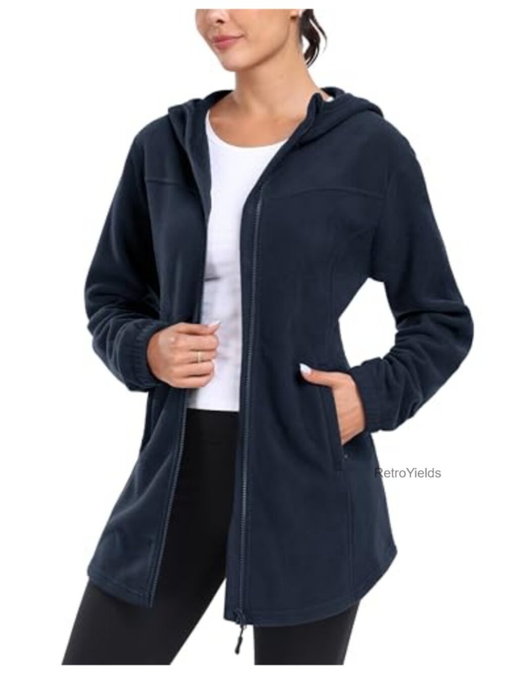Women's Long Fleece Jacket Full Zip Hood Thermal Cozy Winter
